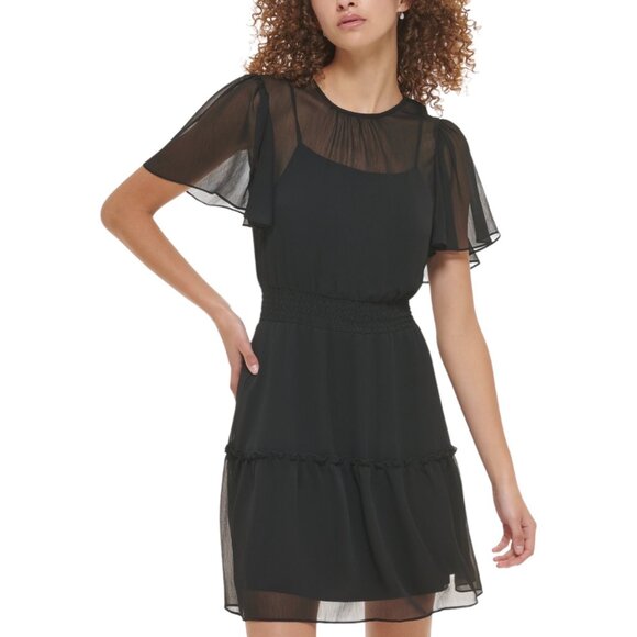 Karl Lagerfeld Paris NWT $129 Black Tiered Chiffon Dress Flutter Sleeves Size 14 - Picture 14 of 15